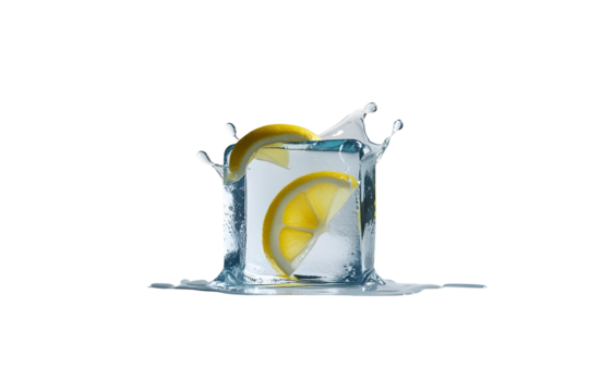 a lemon slice, with ice cubes and with water, this is set on a white surface, the design and rendering is great, the image is classic, and with no background.