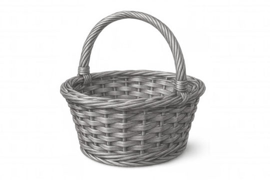Wicker basket with handle, empty and isolated, crafted with realistic detail for seamless digital design integration