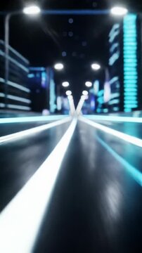 High-speed, low-angle POV tracking video over a sleek, reflective futuristic highway at night. Luminous white lane markings & vibrant blue/purple neon lights blur into streaking data flow, concept of