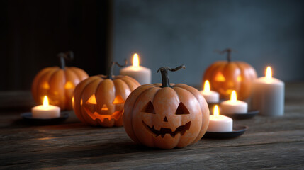 Fototapeta premium Glowing Halloween pumpkins with burning candles casting eerie light, Halloween pumpkins, glowing jack-o-lanterns, spooky ambiance, autumn glow, festive horror