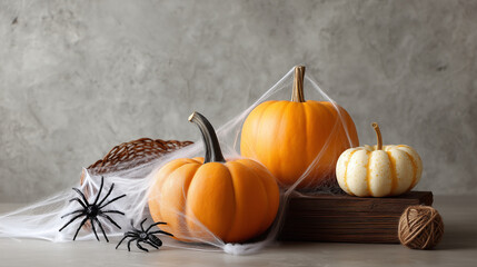 Festive Halloween decorations with pumpkins and cobwebs in a spooky setup, Halloween decor, festive fright, spooky ambiance, autumn horror, creepy display