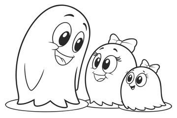  black and white cartoon image of a family of ghosts. The largest ghost, presumably the father