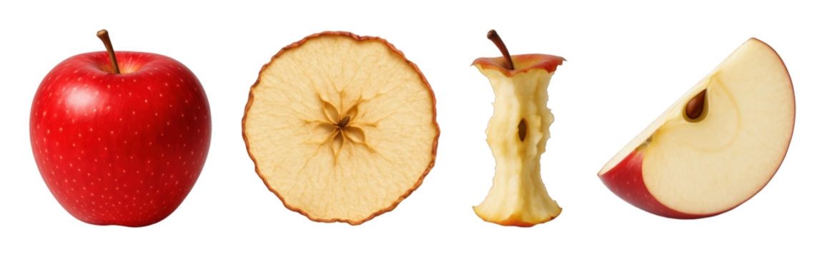 Red apple set including whole, dried slice, core, and wedge isolated. Healthy fruit and snack collection.