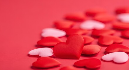 A Textured Red Fabric Heart in Focus Amidst Scattered Pink and Red Confetti