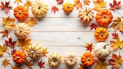Fototapeta premium Assortment of pumpkins and colorful autumn leaves arranged in a circular pattern on a white wooden table, perfect for seasonal greetings