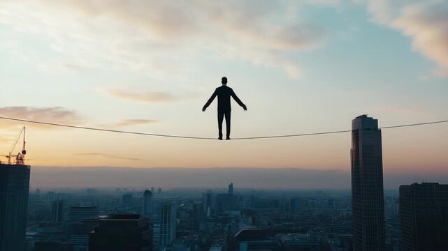 Silhouette balancing on tightrope above city skyline during vibrant sunset