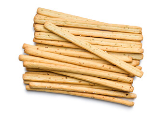 Crispy grissini breadsticks isolated on white background.