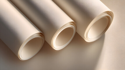 Fototapeta premium Close-up Abstract Composition of Three Rolled Textured Cream Paper Sheets Casting Soft Shadows