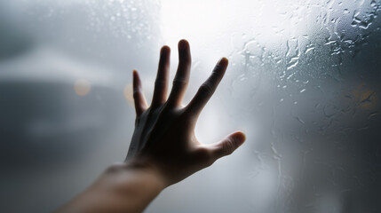 A defocused hand silhouette behind frosted glass in black and white, halloween silhouette, spooky hand, eerie ambiance, horror concept, mystical scene