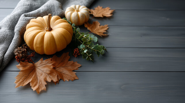 An autumn background with dry leaves and a pumpkin on a dark wooden surface, autumn decor, fall leaves, Thanksgiving vibe, cozy aesthetic, Halloween theme