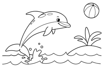 black and white drawing of a playful dolphin leaping out of the water. It's splashing, with small bubbles rising.
