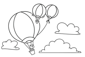  black and white line drawing of two hot air balloons floating in a cloudy sky