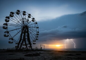 Abandoned ferris wheel silhouette against stormy sky with lightning over ocean. Postapocalypse scene. Dark fantasy, dramatic concept.