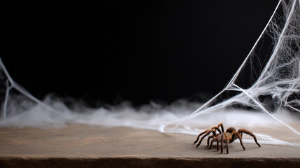 Real spider webs hanging with a tarantula in the corner on a black banner, Halloween spider webs, spooky tarantula, eerie decor, festive horror, creepy ambiance