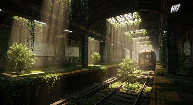 Abandoned subway station overgrown with lush green plants and vines, with an old rusting train on the tracks. Postapocalyptic urban decay.