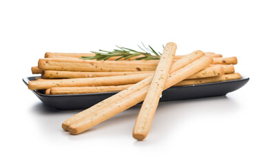 Crispy grissini breadsticks isolated on white background.