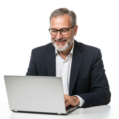 Smiling senior businessman with glasses working on a laptop computer professional man engaged in digital work isolated on transparent background