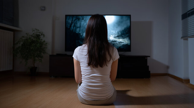 A person watching a horror movie on TV in a dark room, Halloween horror, scary movie, eerie ambiance, spooky night, festive vibe