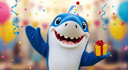 Joyful Baby Shark Mascot with Party Hat and Gift Amidst Colorful Confetti Rain
