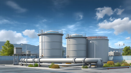 Obraz premium Industrial Chemical Storage Tanks and Large Pipelines at Modern Facility Under Blue Sky