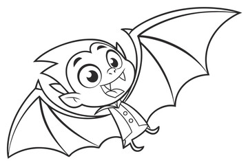 black and white cartoon illustration of a cute, young vampire bat in flight. It has large, round eyes, a wide smile with tiny fangs