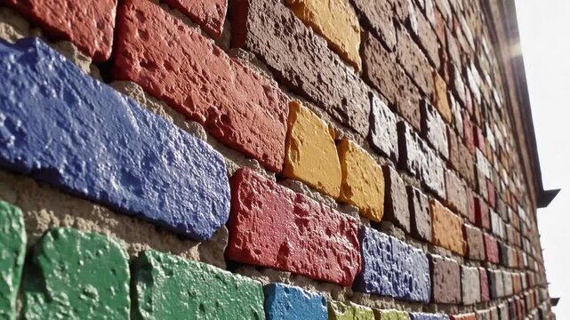 aged historical wall constructed of bricks and covered in multicolored painted design