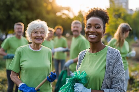 Happy volunteers gather to clean up the park wearing matching green shirts with smiles on their faces enjoying a sunny day