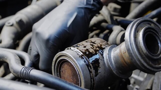 Tight Shot of Worn Automotive Lubricant Filter and Tool in Technician's Grip