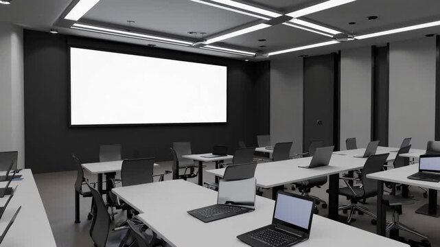 Current Educational or Assembly Hall with Computers and Blank Display Monitor for Text Area