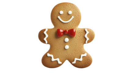 A gingerbread man with a bow tie and a smile on his face
