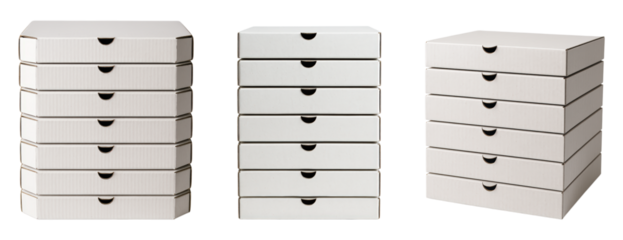 Set of three stacks of blank white cardboard pizza boxes from different angles for mockup, Isolated on Transparent and White Background