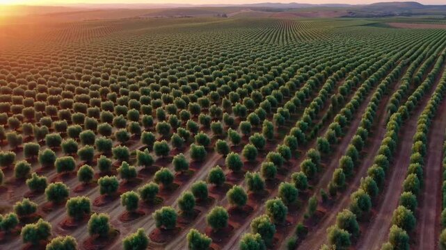 overhead perspective from unmanned aerial vehicle of vast and orderly cultivated grove of olive trees at dusk