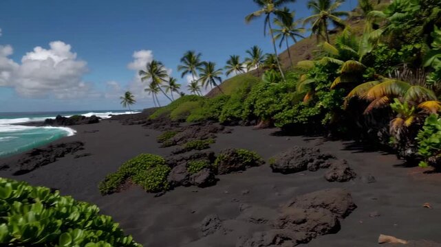 wide shot of the famous Punalu'u black sand beach on the big Island of Hawaii