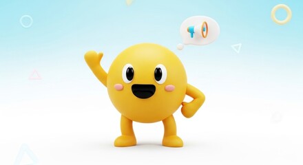 Fototapeta premium A cheerful, cartoon emoji character with an expressive face, posing with a megaphone thought bubble, against a soft pastel background.
