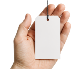 Male hand holding a blank white rectangular paper price or gift tag with string, mockup concept, Isolated on Transparent and White Background