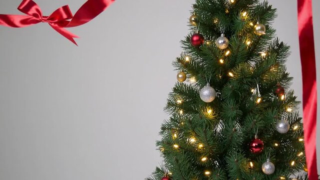 Christmas border and bow on pale background Christmas tree border and bow