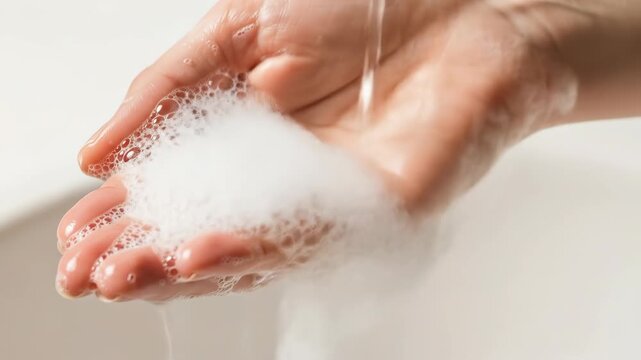 Hand being washed with soap and water for hygiene cleanliness