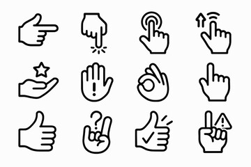 Fototapeta premium Set of 12 black hand and finger icons in flat vector style with white background, perfect for apps, confirmation actions, and alert UI designs.