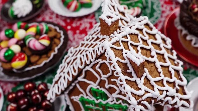 overhead flat lay graph of festive table abundantly filled with various delicious Christmas holiday desserts