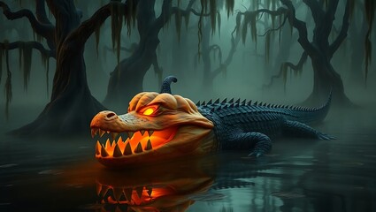 A halloween alligator with a pumpkin head in a swampy area with spooky trees and fog around it all