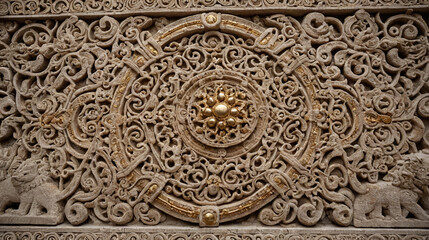 Close Up of Intricate Ancient Stone Carving with Gold Accents