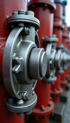 Red pipes with metallic fittings, components of urban communication systems, for water or gas distribution. Urban communication systems feature valves, caps, and bolts, all arranged in a row outdoors.