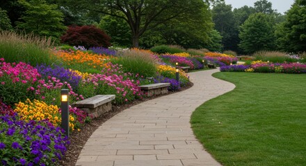 A winding walking trail surrounded by colorful flowerbeds, an inviting landscape