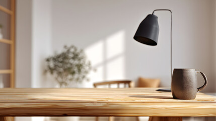 Bright and minimalist workspace with a rustic wooden table, ceramic mug, and sunlit window shadows