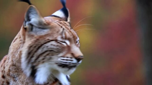intimate portrait graph captured of wild lynx feline set against backdrop of trees with vivid colors.