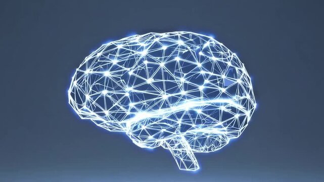 Inventive illuminated geometric brain projection on blurred azure foundation, neurological science investigation, artificial intellect idea, computer-generated rendering