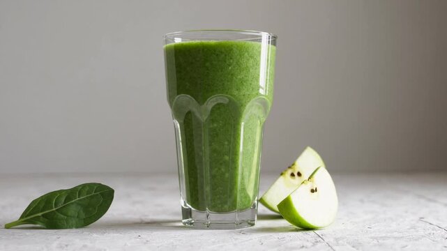 nutritious morning beverage made with green apples and leafy spinach arranged from aerial perspective with ample room for text