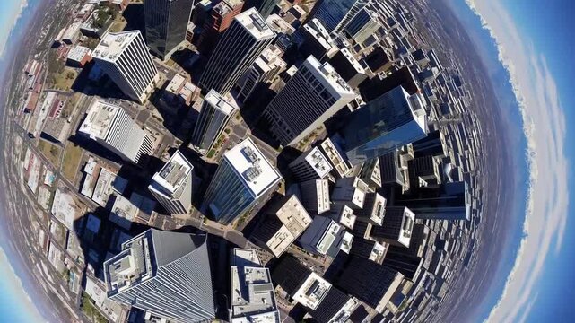 Overhead perspective of central urban district with mountainous terrain in the distance