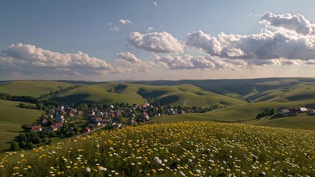 Rural Landscape Perspective of Village and its Surrounding Valley from Ancient Settlement on Summer Day