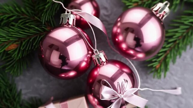 Holiday Arrangement Featuring Present Containers, Fir Sprigs, Pink Glossy Sphere Decorations on Gray Base. Flat Layout, Overhead Perspective